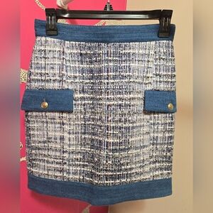 Pierre Balmain Blue Tweed Pencil Skirt with Denim Trim Size US 4 FR 36